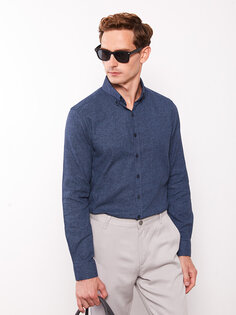 Мужская оксфордская рубашка Slim Fit с длинным рукавом LCWAIKIKI Classic, темно-синий с принтом