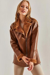 Женское кожаное пальто на меховой подкладке с небольшим карманом SHADE
