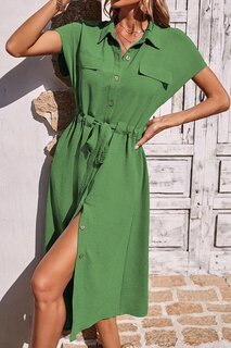 Зеленое длинное платье с рубашечным воротником MG1743 MADMEXT