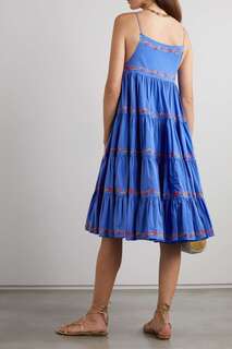 CAROLINE CONSTAS ярусное платье миди из хлопкового поплина с вышивкой Katarina, синий