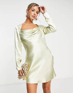 Атласное мини-платье устричного цвета с воротником-хомутом и открытой спиной ASOS DESIGN