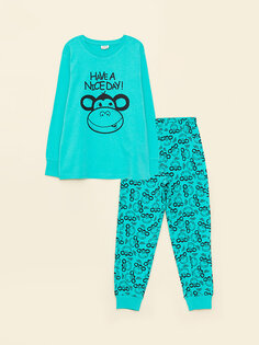 Пижамный комплект из органического хлопка с длинными рукавами и принтом ностальгических обезьян с круглым вырезом для мальчика LCW Kids