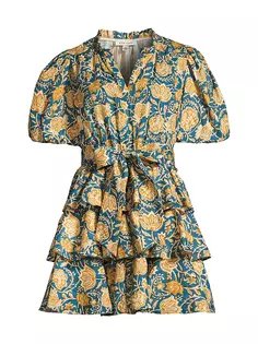 Хлопковое фактурное мини-платье с поясом и цветочным принтом Stellah, синий