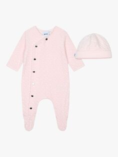 BOSS Baby Velvet Monogram Жаккардовый комбинезон и шапочка HUGO BOSS, розовый