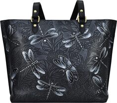 Большая сумка-тоут с молнией 698 Anuschka, цвет Tooled Dragonfly Meadow Pewter