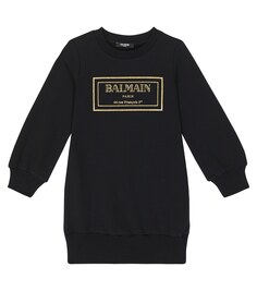 Платье из хлопкового джерси с логотипом Balmain Kids, черный