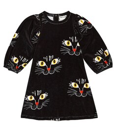 Платье из хлопкового велюра с кошачьим лицом Mini Rodini, черный
