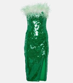 Платье миди с перьями и пайетками Self-Portrait, зеленый