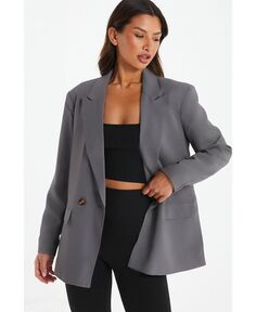 Женский тканый двубортный пиджак оверсайз по индивидуальному заказу QUIZ, серый