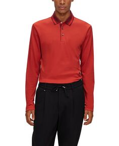 Мужская рубашка-поло с длинными рукавами и тканым узором приталенного кроя Hugo Boss, красный