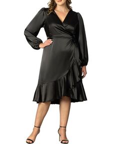 Женское атласное платье с запахом и длинными рукавами Serena больших размеров Kiyonna, черный