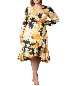 Женское атласное платье с запахом и длинными рукавами Serena больших размеров Kiyonna, желтый