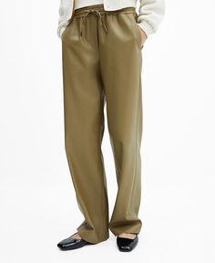 Женские брюки с эластичным поясом и эффектом кожи MANGO, зеленый