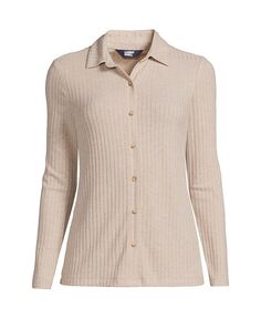 Женская рубашка поло с длинными рукавами и широкими пуговицами в рубчик спереди больших размеров Lands&apos; End, коричневый