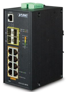 Коммутатор Planet IGS-5225-8P4S L2+, 8х10/100/1000T 802.3at PoE, 4х100/1000X SFP, Redundant Ring, монтаж на DIN-рейку, -40С~75C