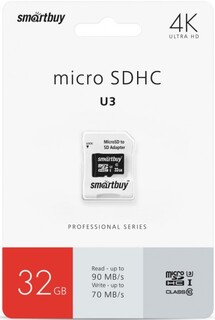 Карта памяти 32GB SmartBuy SB32GBSDCL10U3-01 MicroSDHC Сlass 10 Pro UHS-I U3 (70/90 Mb/s)+ SD адаптер