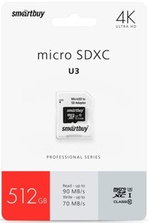 Карта памяти 512GB SmartBuy SB512GBSDCL10U3-01 MicroSDXC Class 10 Pro UHS-I U3 (70/90 Mb/s) + SD адаптер