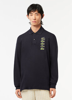 Классическая мужская футболка-поло из органического хлопка с длинными рукавами темно-синего цвета Lacoste