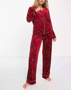 Длинный ночной бархатный пижамный комплект с контрастной окантовкой бордового цвета и принтом из золотой фольги NIGHT