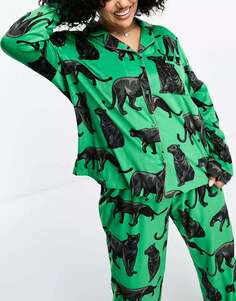 Велюровый топ и пижамные брюки с принтом пантеры Chelsea Peers Curve яблочно-зеленого цвета