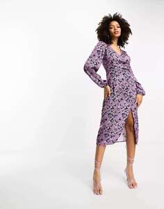 Платье миди с длинными рукавами Y.A.S фиолетового цвета с цветочным принтом
