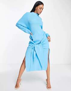 Синее платье миди тонкой вязки с завязками спереди SNDYS
