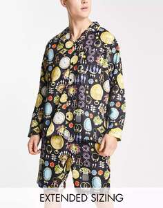 Черный плетеный пижамный комплект из рубашки с длинными рукавами и шорт с разноцветным принтом ASOS