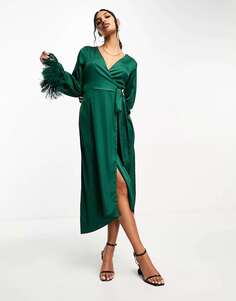 Атласное платье миди с запахом и манжетами из искусственного пера TFNC изумрудно-зеленого цвета