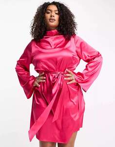 Атласное мини-платье цвета фуксии с высоким воротником и завязками Urban Threads