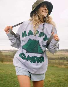 Серый свитшот унисекс Happy Camper с графическим рисунком Batch1