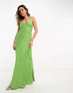 Зеленое атласное платье макси с вырезом на талии ASOS