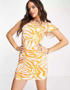 Атласное мини-платье ASYOU оранжевого цвета с зебровым принтом