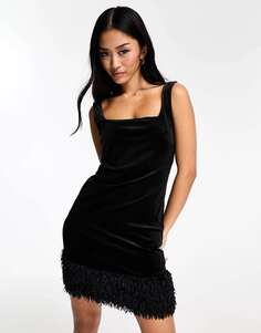 Черное бархатное мини-платье с квадратным вырезом New Look