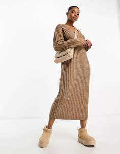 Вязаное платье макси в рубчик светло-коричневого цвета с v-образным вырезом ASOS
