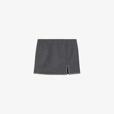 Шерстяная мини-юбка Sady с разрезом по краю Sandro, цвет noir / gris