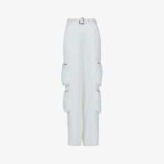 Широкие брюки карго из тканого материала с высокой посадкой и поясом, с накладными карманами Leem, белый