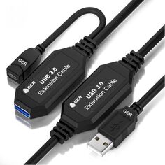 Кабель интерфейсный GCR GCR-AAF GCR-51926 10.0m(5.0m + 5.0m) USB 3.0 AM/AF, OD:5.0mm, черный, с 2-мя усилителями сигнала, доп.питание micro