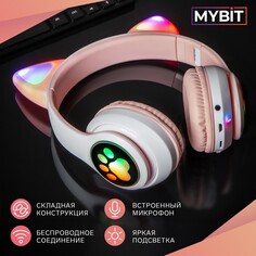 Наушники-кошки mybit w-32, беспроводные, mic, bt 5.0, aux, microsd, mp3, 400 мач, розовые