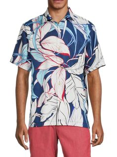 Рубашка на пуговицах из смесового шелка с короткими рукавами Fronds Isles Tommy Bahama, цвет Bering Blue