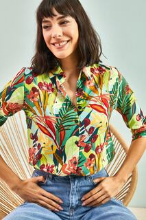 Женская вискозная рубашка со сложенными рукавами и разноцветными узорами Bianco Lucci, разноцветный