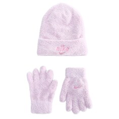 Детская уютная шапка-бини с манжетами и комплект перчаток Nike, розовый