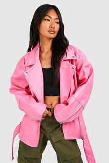 Суперразмерная байкерская куртка с поясом boohoo, розовый