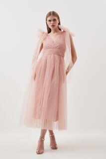 Тканое платье миди с глубоким вырезом и завязками из тюля Karen Millen, розовый