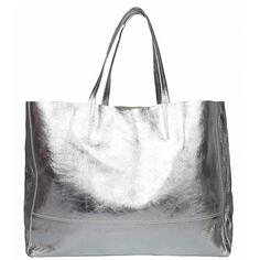 Серебряная горизонтальная кожаная большая сумка из мягкого металлика | в тюках Sostter, серебро