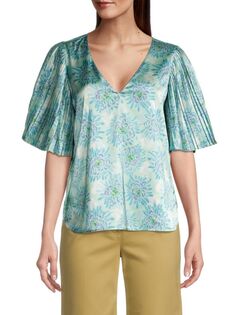 Плиссированная блузка с пышными рукавами Astera Fleur Rebecca Taylor, цвет Blue Floral Multi