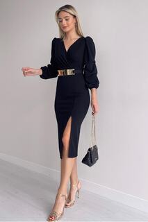 Женское двубортное черное вечернее платье миди с короткими рукавами и поясом из креповой ткани lovebox, черный
