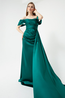 Женское длинное атласное вечернее платье изумрудно-зеленого цвета с вырезом лодочкой и разрезом Lafaba, зеленый