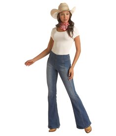 Джинсы Rock and Roll Cowgirl, High-Rise Bargain Bell Indigo w/ Flat Front Seams Pull-On Flare in Medium Wash