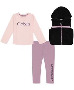 Жилет из шерпы с капюшоном для маленьких девочек, футболка с логотипом и леггинсы, комплект из 3 предметов Calvin Klein, мультиколор