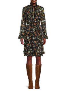 Платье до колена с полупрозрачными рукавами и цветочным принтом Mikael Aghal, цвет Black Multi